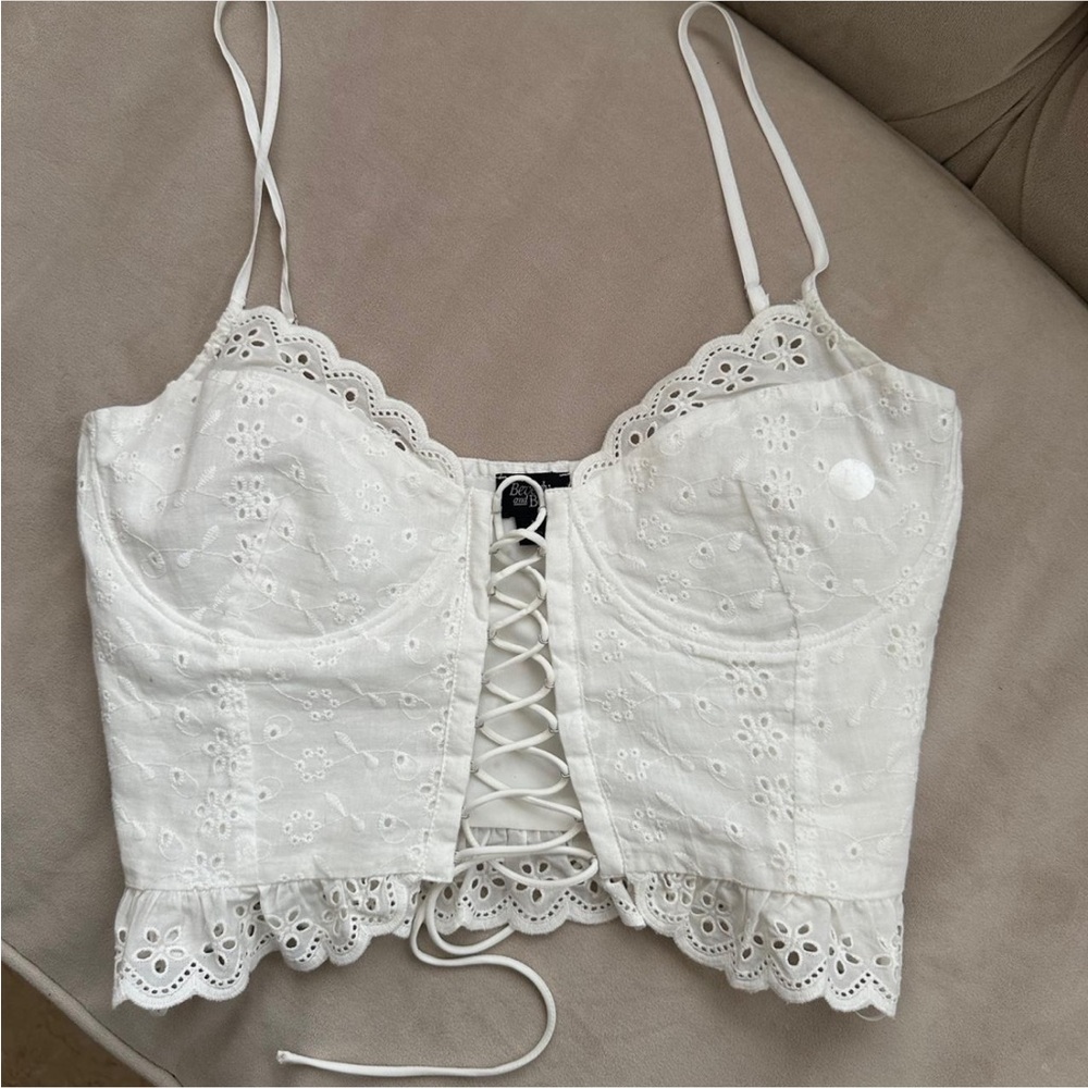 PacSun White Eyelet Lace-Up Crop Top